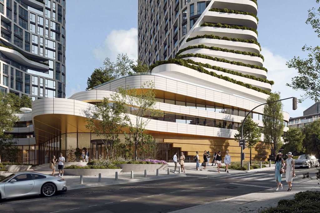 Prime Residence concept in Kyiv: bands of shrubs in planters along the tower terraces above a landscaped podium
