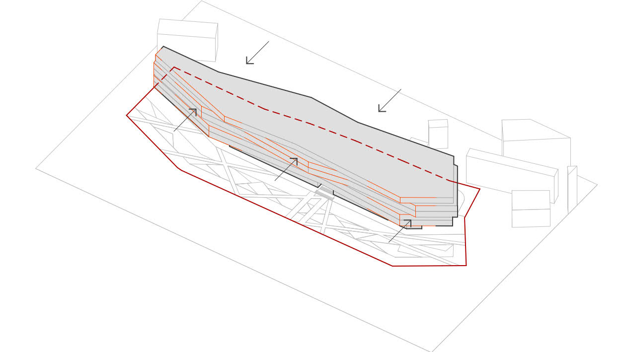 Business centre 10A: insolation and setback diagram, the volume cut back in steps