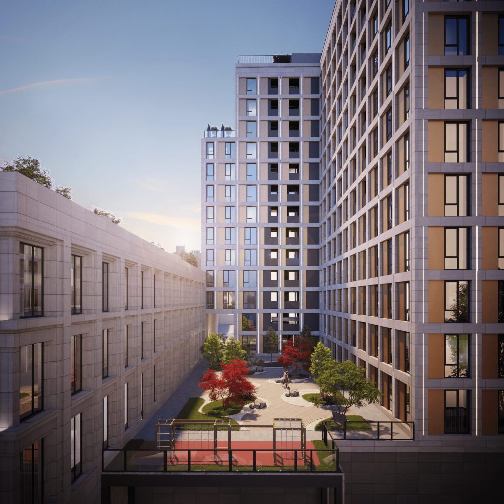 Residential courtyard: quiet zone with trees and paving, sports court on the lower level behind mesh fencing