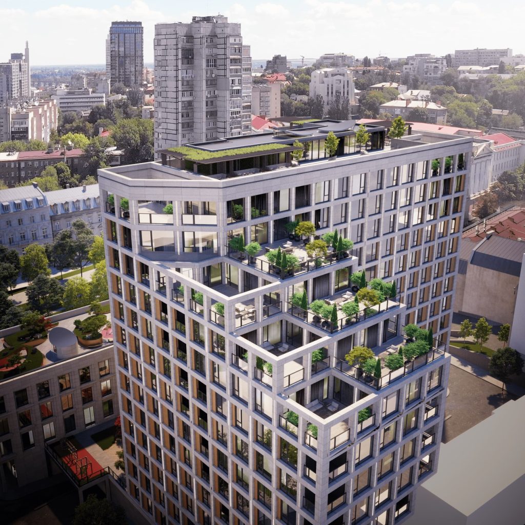 CENTOWER in Dnipro: trees and shrubs in planters on terraces that step down the façade
