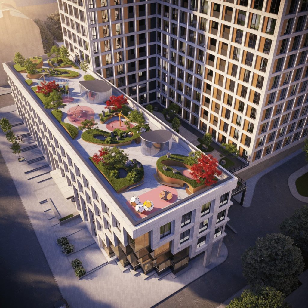 Roof garden on CENTOWER: planted beds, paths and seating areas