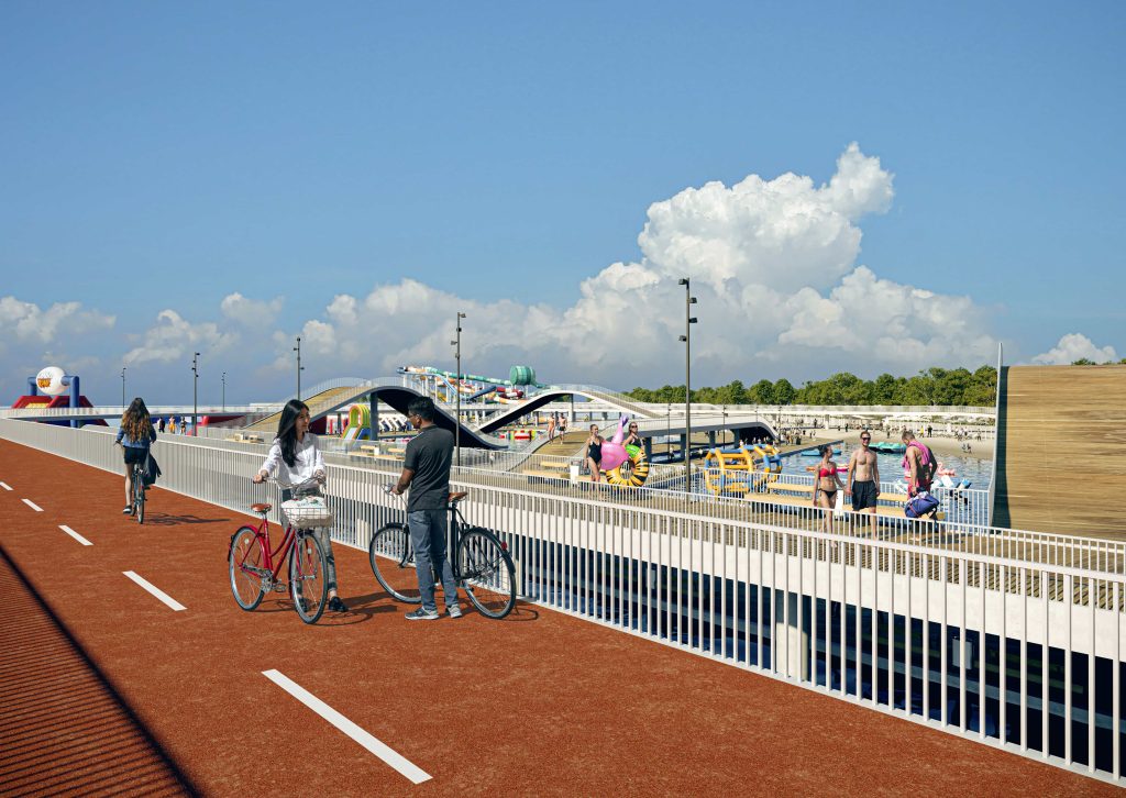 Waterfront promenade: cycle path with its own surfacing and a pedestrian section behind a railing