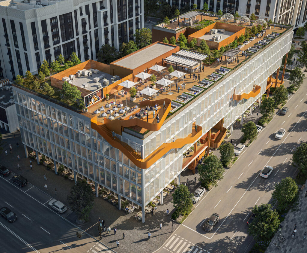 Accessible roof with terraces: trees and hedges in movable containers, pergolas and shade canopies
