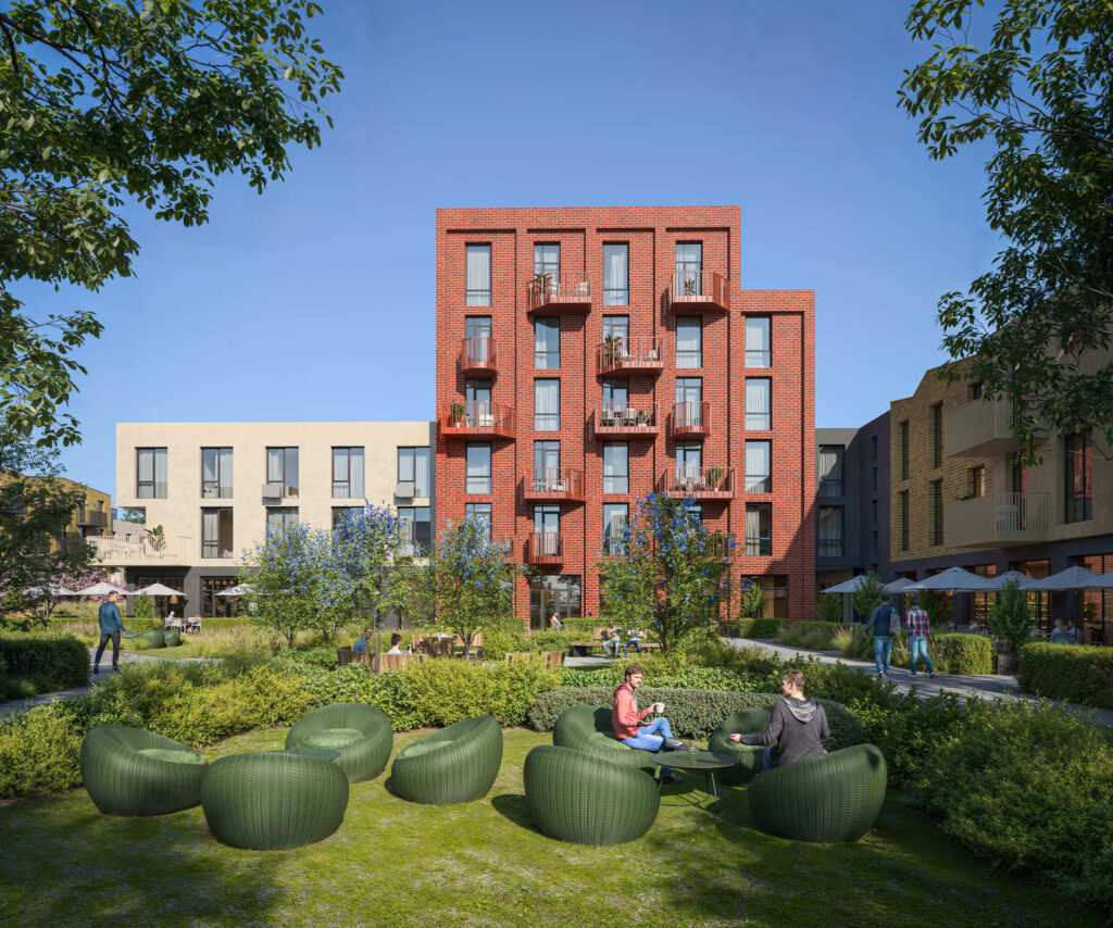 Lawn with street furniture: seating, clipped hedges, ornamental grasses and flowering trees in a courtyard