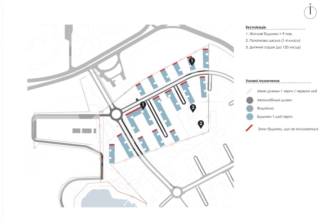 Insolation diagram of the first phase of a residential quarter: building end walls that receive no insolation marked in red