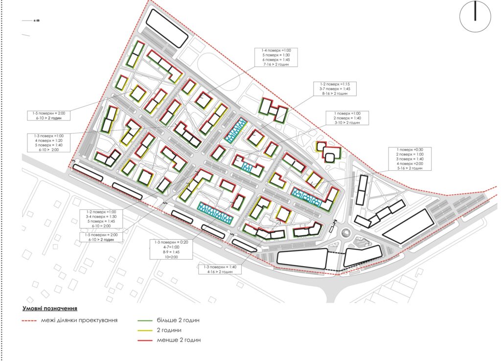 Floor-by-floor insolation diagram of a residential complex: hours of sun on the facades (more than 2 h, 2 h, less than 2 h) with callouts by floor